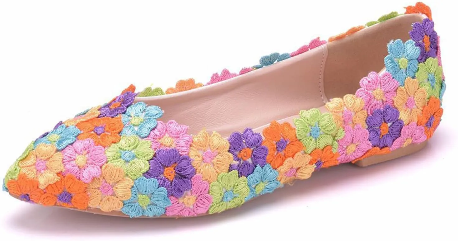 Women's Pearl Lace Slip-On Ballet Flats Pointed Toe Pumps Breathable Comfortable Dress Wedding Shoes for Party Evening Dating
