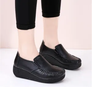 Women's Platform Leather Loafers, Breathable Non-Slip Good Arch Work Nurse Shoes, Rocking Walking Slip-On