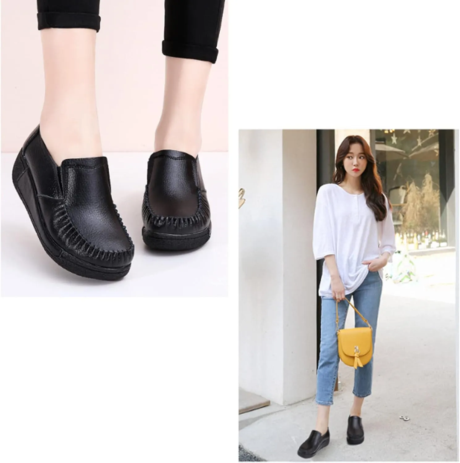 Women's Platform Leather Loafers, Breathable Non-Slip Good Arch Work Nurse Shoes, Rocking Walking Slip-On