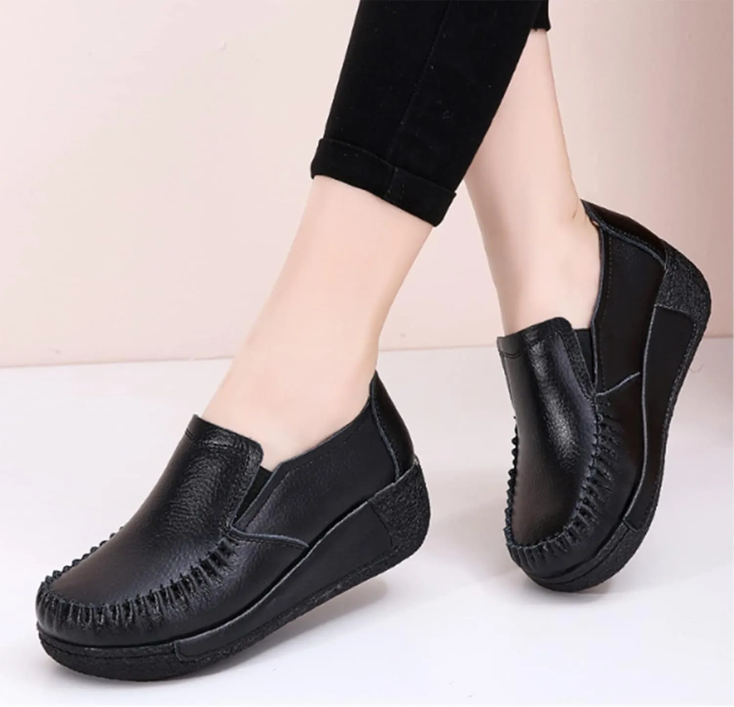Women's Platform Leather Loafers, Breathable Non-Slip Good Arch Work Nurse Shoes, Rocking Walking Slip-On