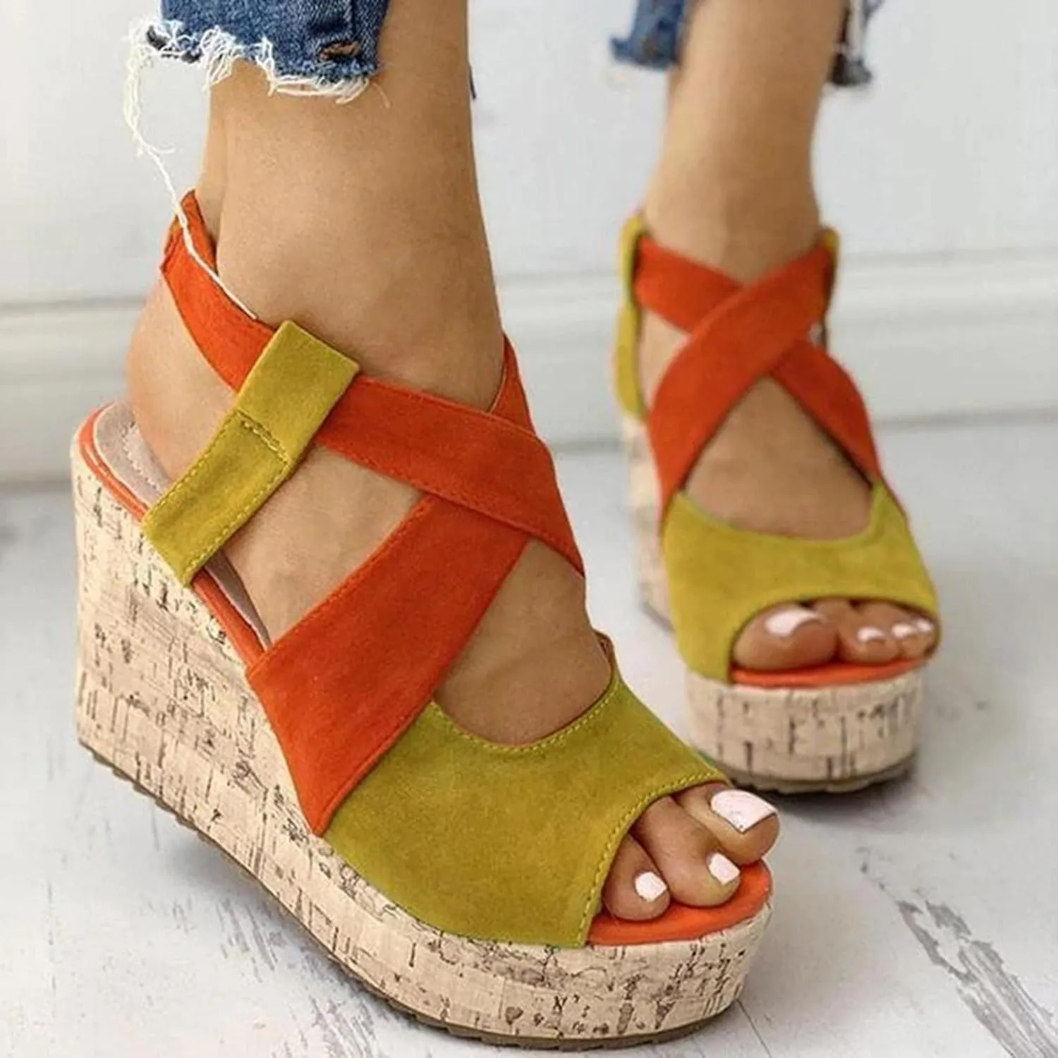Women's Platform Sandals Wedge Open Toe Ankle Strap Lace Wedding Bridesmaid Shoes Bohemia Wide Width Dressy Summer