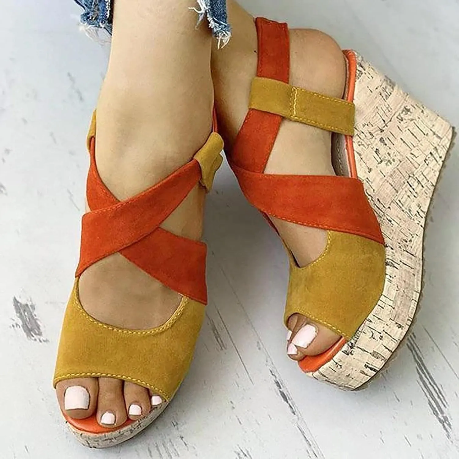 Women's Platform Sandals Wedge Open Toe Ankle Strap Lace Wedding Bridesmaid Shoes Bohemia Wide Width Dressy Summer