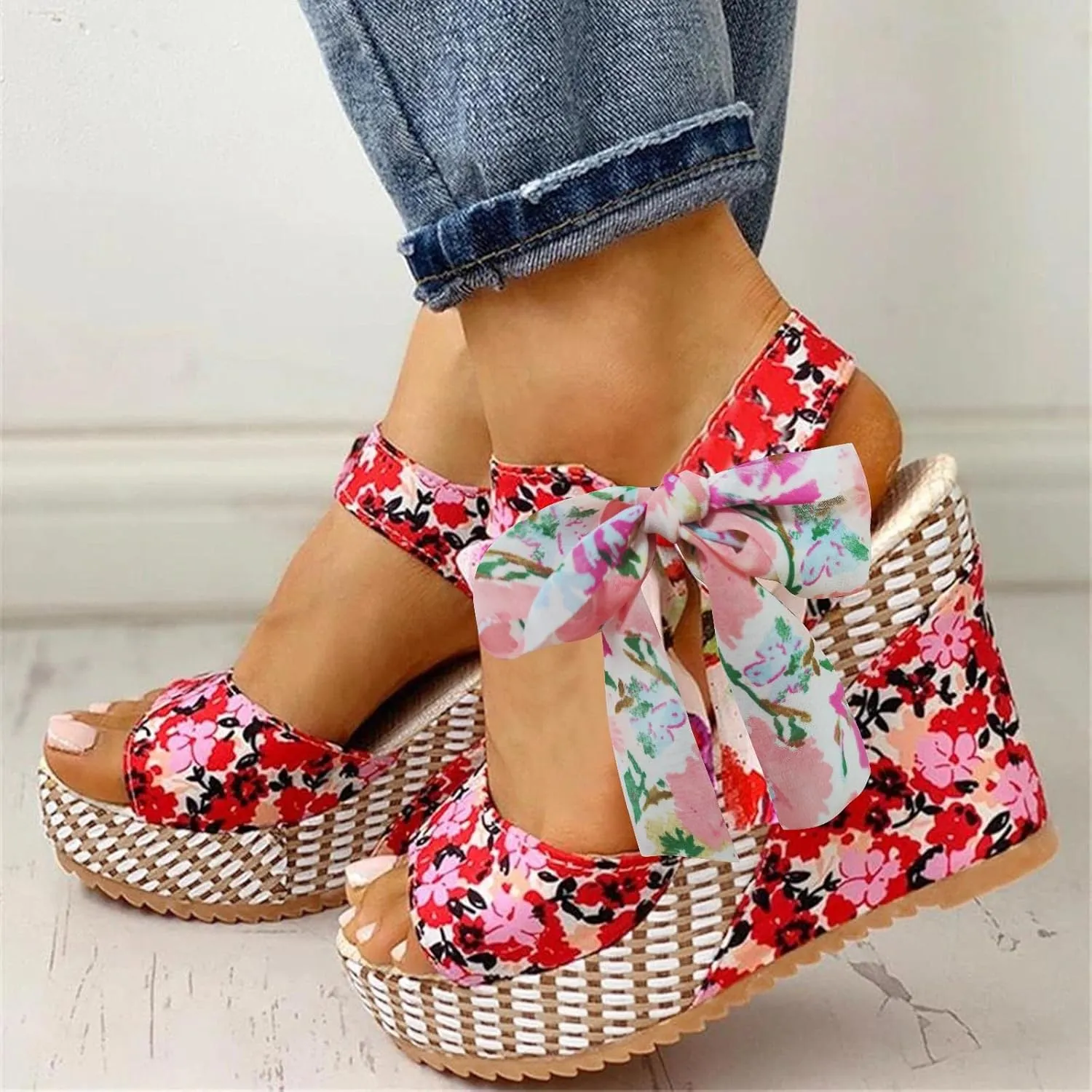 Women's Platform Sandals Wedge Open Toe Ankle Strap Lace Wedding Bridesmaid Shoes Bohemia Wide Width Summer Dressy