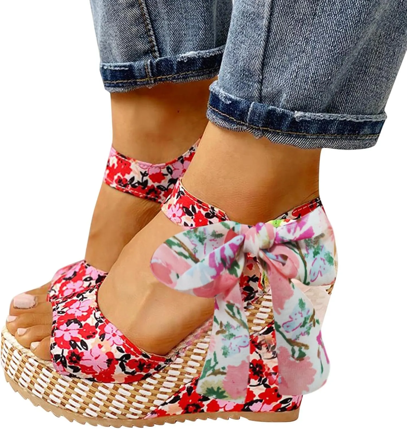 Women's Platform Sandals Wedge Open Toe Ankle Strap Lace Wedding Bridesmaid Shoes Bohemia Wide Width Summer Dressy