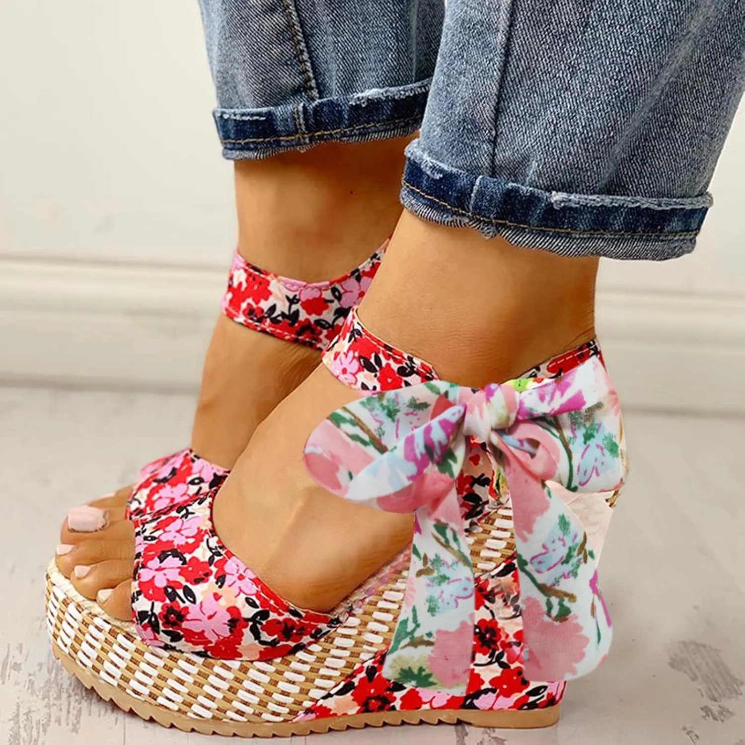 Women's Platform Sandals Wedge Open Toe Ankle Strap Lace Wedding Bridesmaid Shoes Bohemia Wide Width Summer Dressy