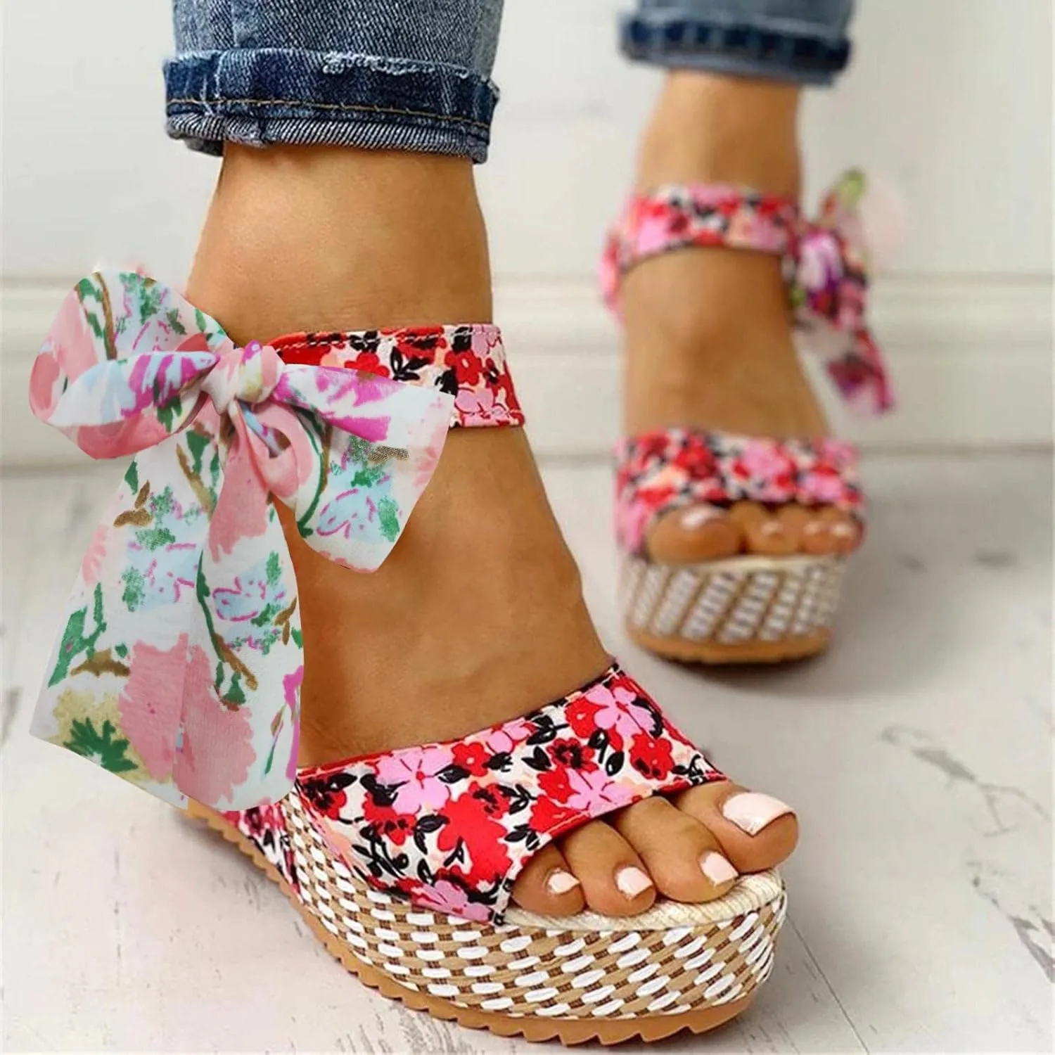 Women's Platform Sandals Wedge Open Toe Ankle Strap Lace Wedding Bridesmaid Shoes Bohemia Wide Width Summer Dressy