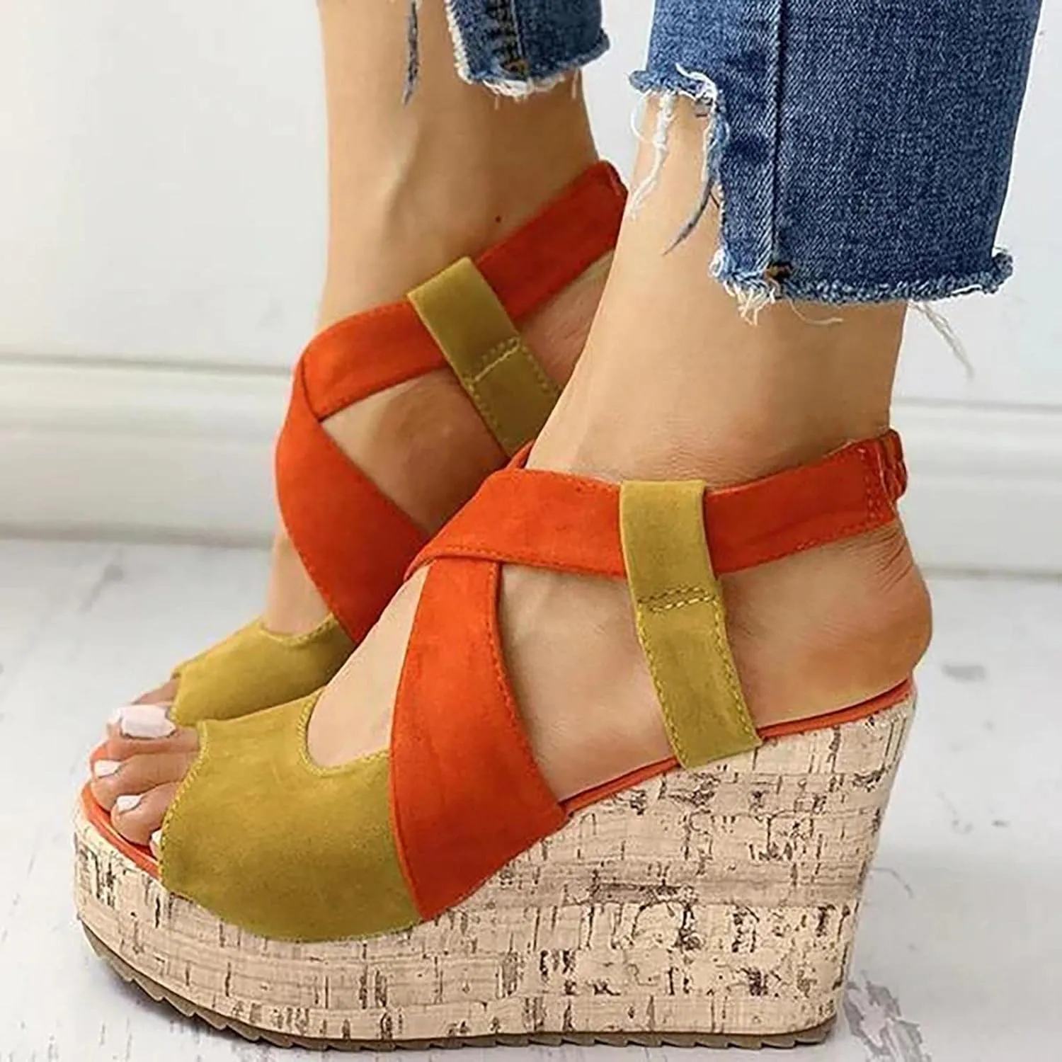 Women's Platform Sandals Wedge Open Toe Ankle Strap Lace Wedding Bridesmaid Shoes Close Toe Comfortable Bohemia Low Heel