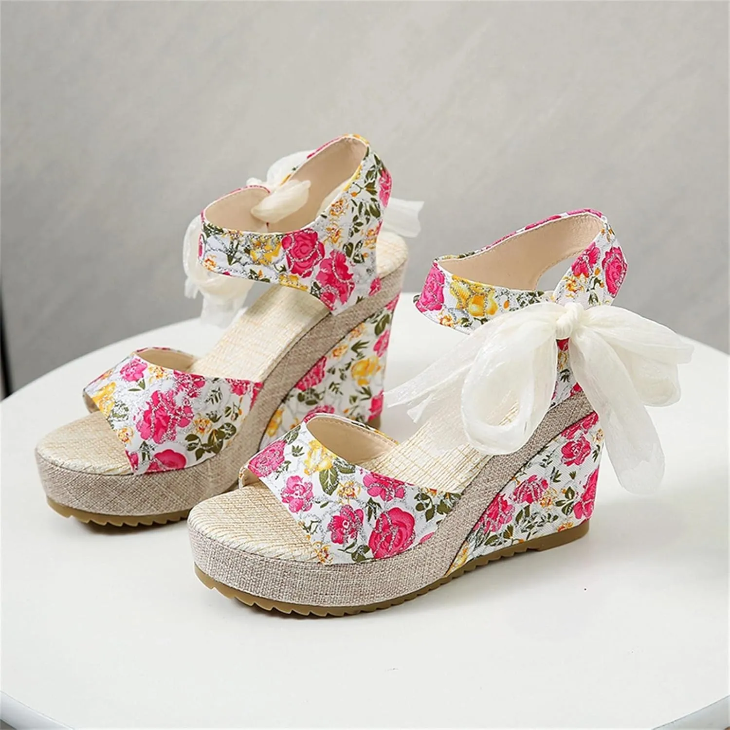 Women's Platform Sandals Wedge Open Toe Ankle Strap Lace Wedding Bridesmaid Shoes Lightweight Summer Dressy Casual Close Toe