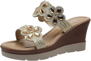 Womens Platform Wedge Sandals,Low Heel Open Toe Wedge Slip On Glitter Rhinestones Low Wedge Comfortable Party Wedding Casual Walking Shoes Dressy Summer
