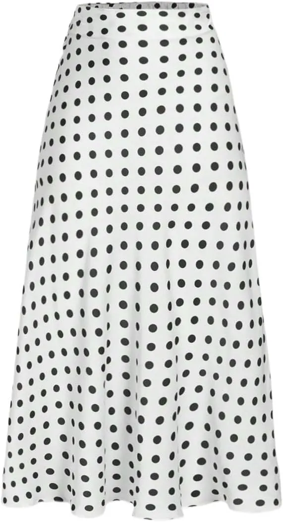 Womens Polka Dot Satin Long Skirt, Summer Flared Skirts for Women