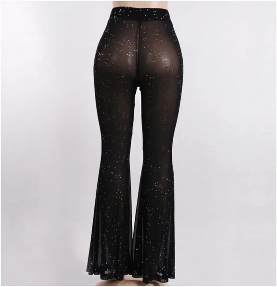 Women's Rave Sheer Mesh Sparkly Pants Bell Bottom Rave Outfit Clothes for Festival Dance Clubwear