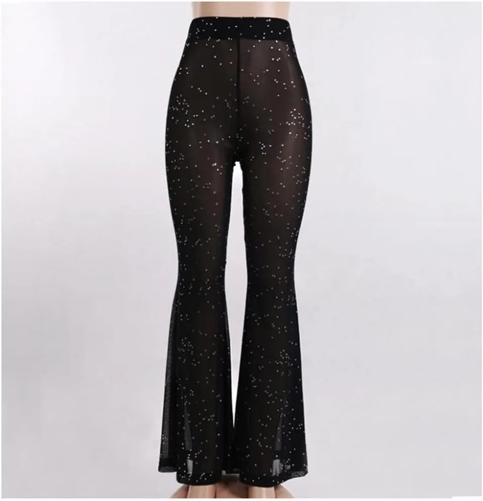 Women's Rave Sheer Mesh Sparkly Pants Bell Bottom Rave Outfit Clothes for Festival Dance Clubwear