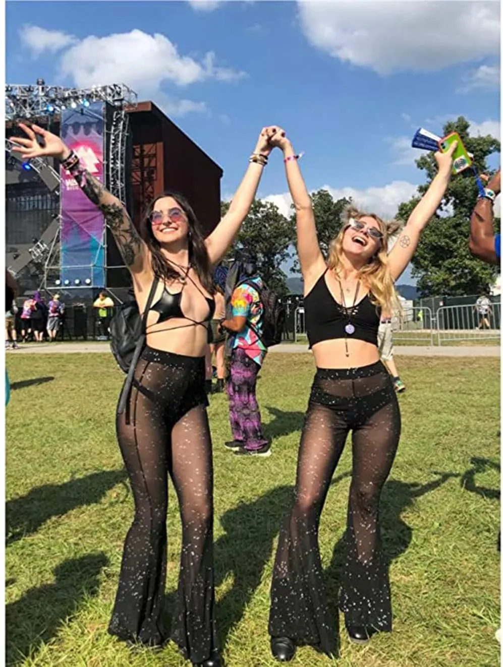 Women's Rave Sheer Mesh Sparkly Pants Bell Bottom Rave Outfit Clothes for Festival Dance Clubwear