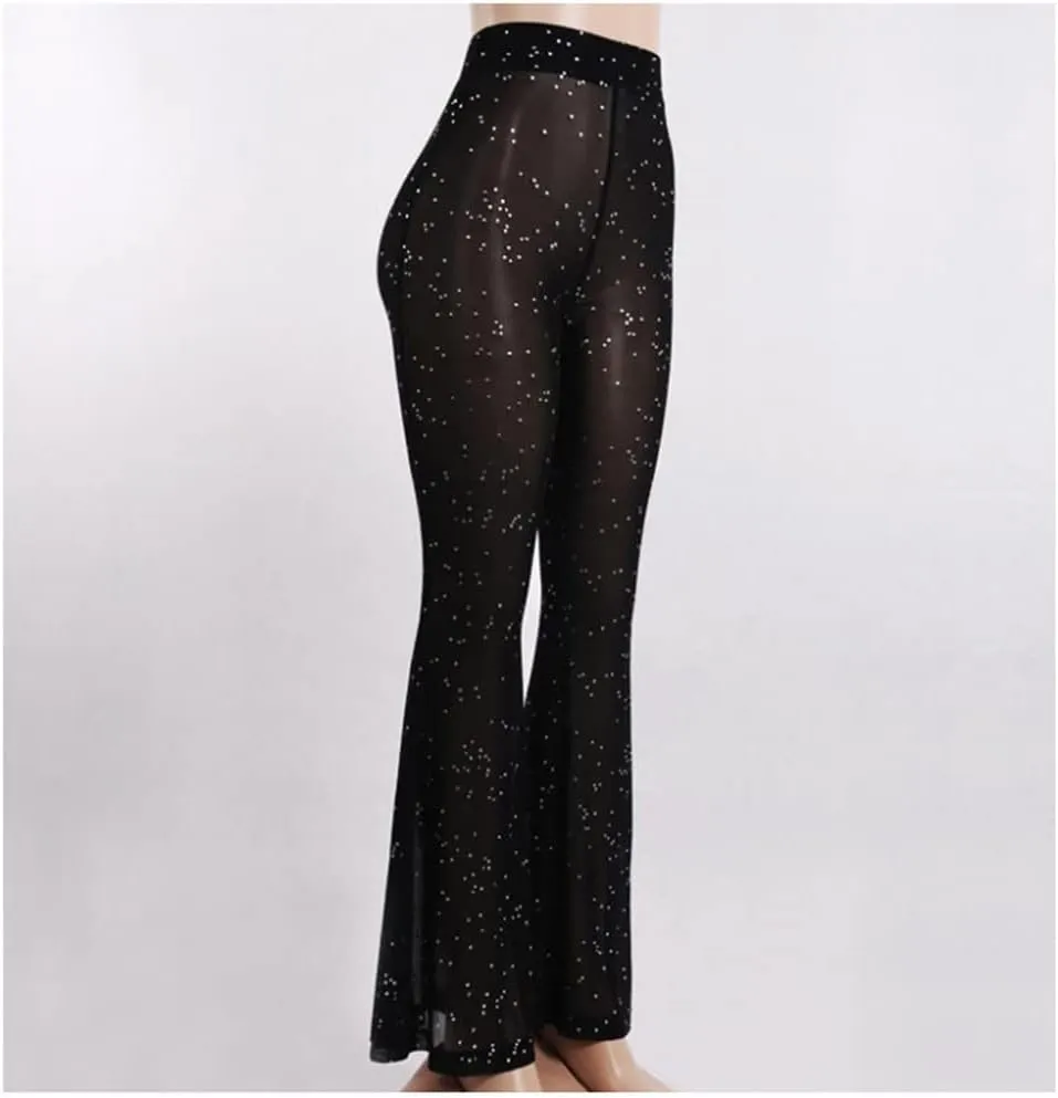 Women's Rave Sheer Mesh Sparkly Pants Bell Bottom Rave Outfit Clothes for Festival Dance Clubwear