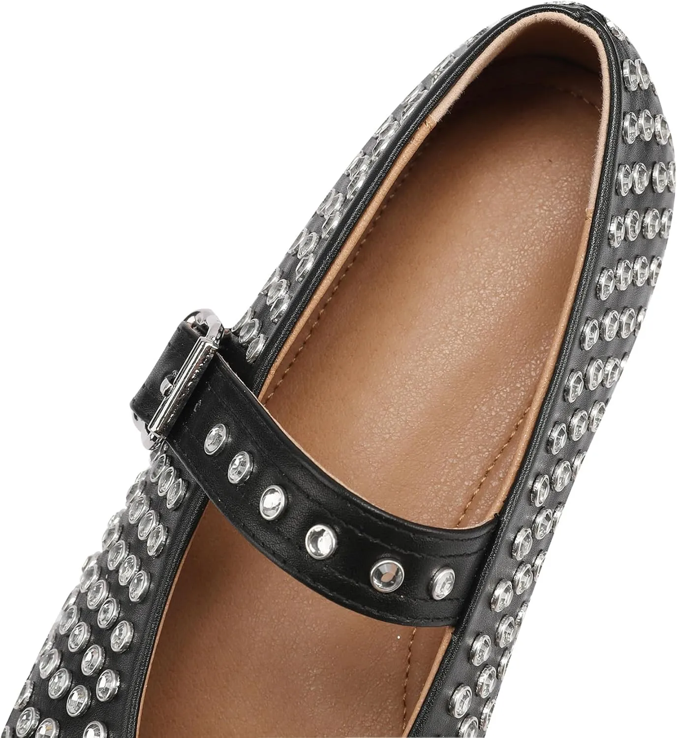 Women's Rhinestone Flats Crystal Studded Mary Jane Ballet Flats Shoes Buckle Ballerina Shoes