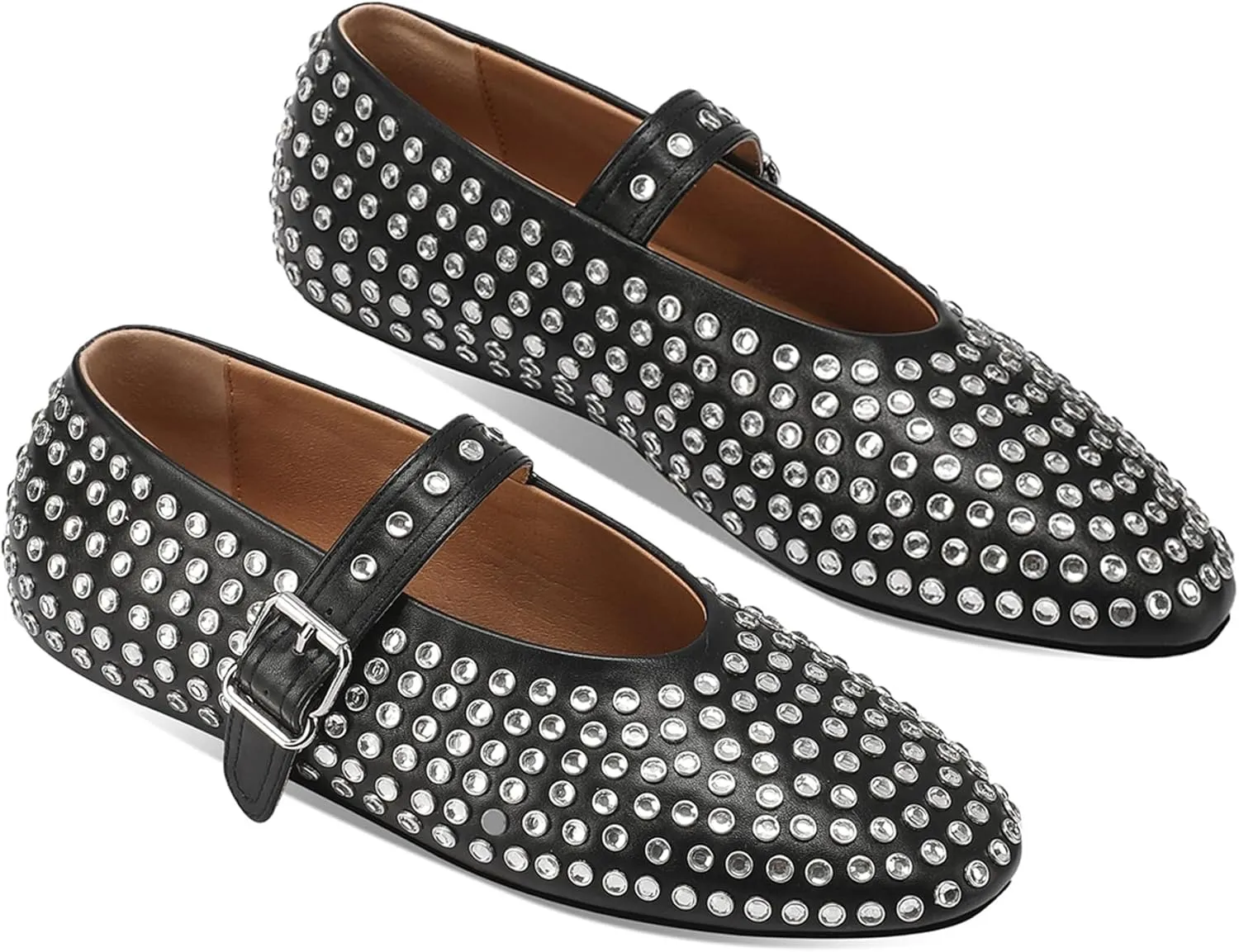 Women's Rhinestone Flats Crystal Studded Mary Jane Ballet Flats Shoes Buckle Ballerina Shoes