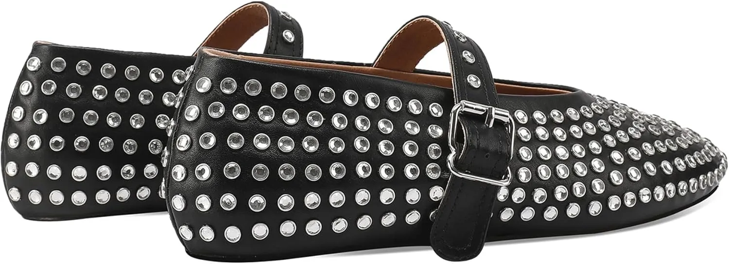 Women's Rhinestone Flats Crystal Studded Mary Jane Ballet Flats Shoes Buckle Ballerina Shoes