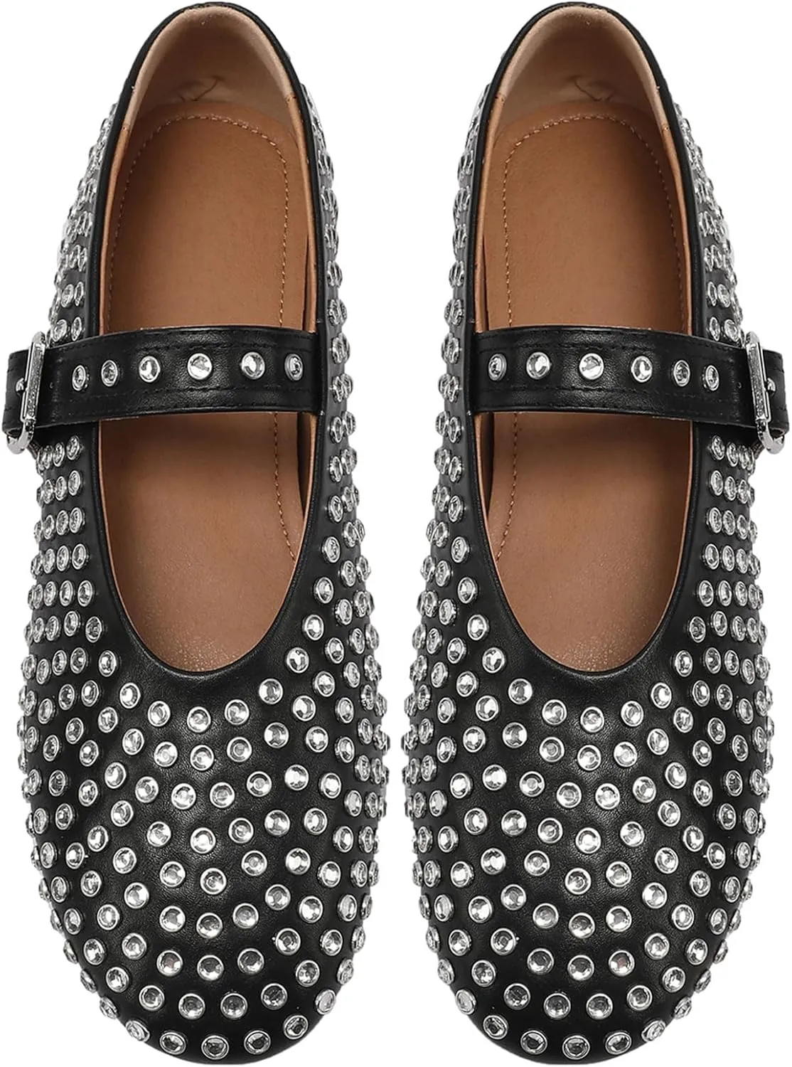 Women's Rhinestone Flats Crystal Studded Mary Jane Ballet Flats Shoes Buckle Ballerina Shoes