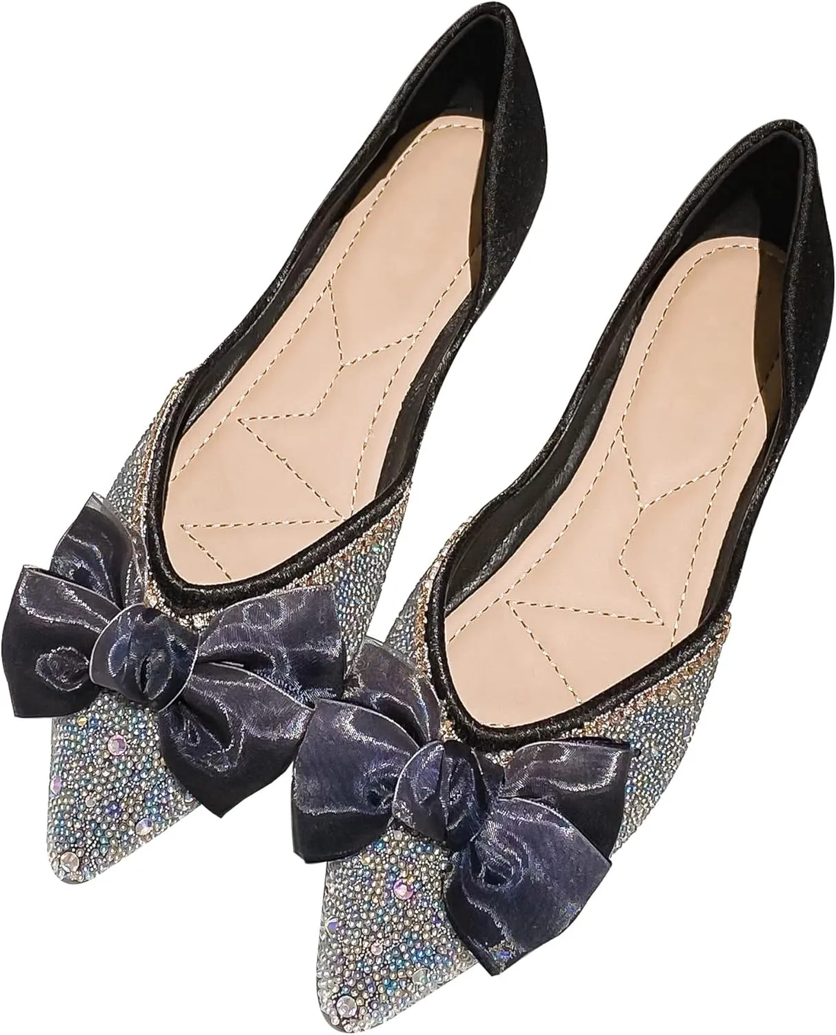 Women's Rhinestone Flats Elegant Bow Knot Glitter Ballet Flats Dress Pearl Wedding Shoes Pointed Toe Slip On Loafers for Women