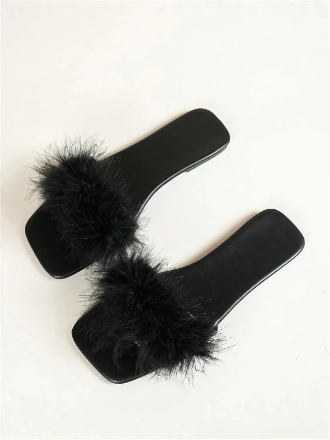 Women's Sexy Flat Sandals Fuzzy Feather Dressy Flat Sandals Slip On Square Slipper Open Toe Fuzzy Slides Slippers
