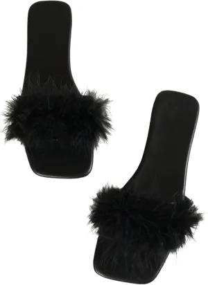 Women's Sexy Flat Sandals Fuzzy Feather Dressy Flat Sandals Slip On Square Slipper Open Toe Fuzzy Slides Slippers