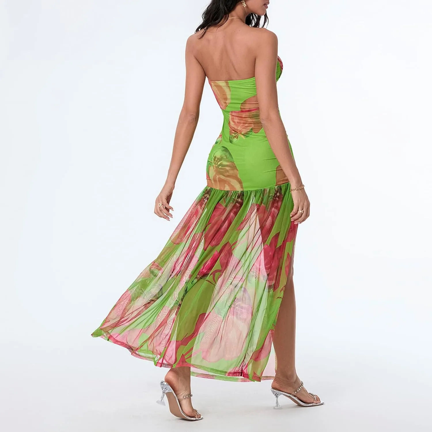 Women's Sexy Mesh Patchwork Maxi Dress Floral Tiger Print Strapless Tube Top Dress High Slit Party Long Dress