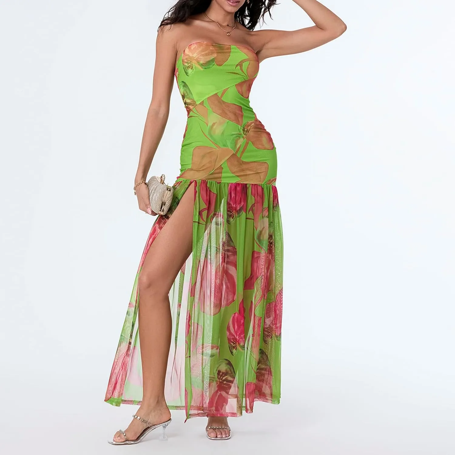 Women's Sexy Mesh Patchwork Maxi Dress Floral Tiger Print Strapless Tube Top Dress High Slit Party Long Dress