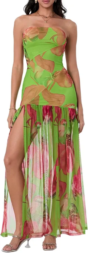 Women's Sexy Mesh Patchwork Maxi Dress Floral Tiger Print Strapless Tube Top Dress High Slit Party Long Dress