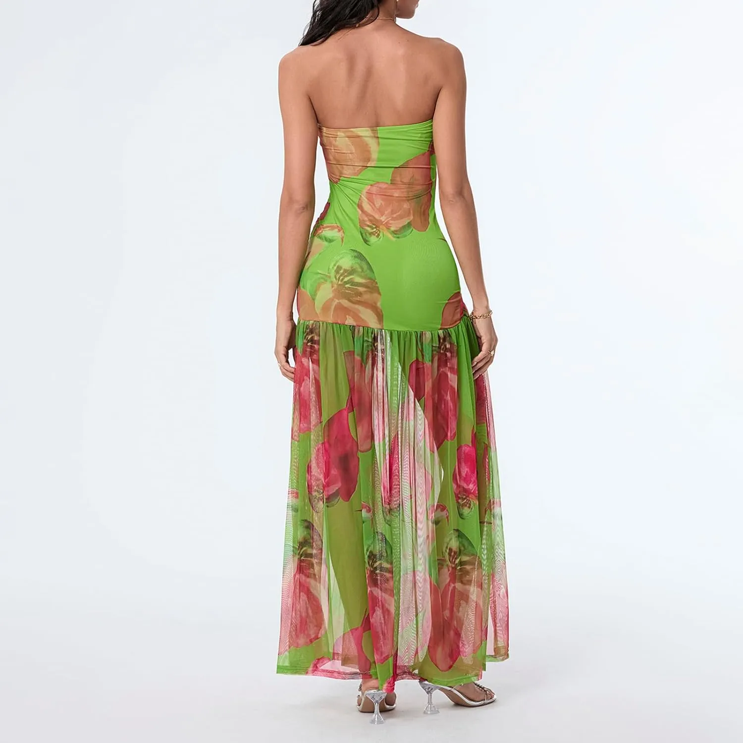 Women's Sexy Mesh Patchwork Maxi Dress Floral Tiger Print Strapless Tube Top Dress High Slit Party Long Dress