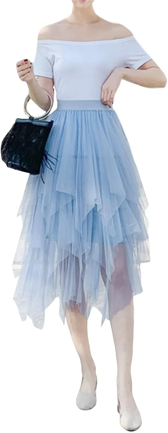 Women's Sheer Tutu Tulle Skirts Mesh Tiered Layered Poofy Fairy Half-Dress Prom Party Midi Skirt Petticoat