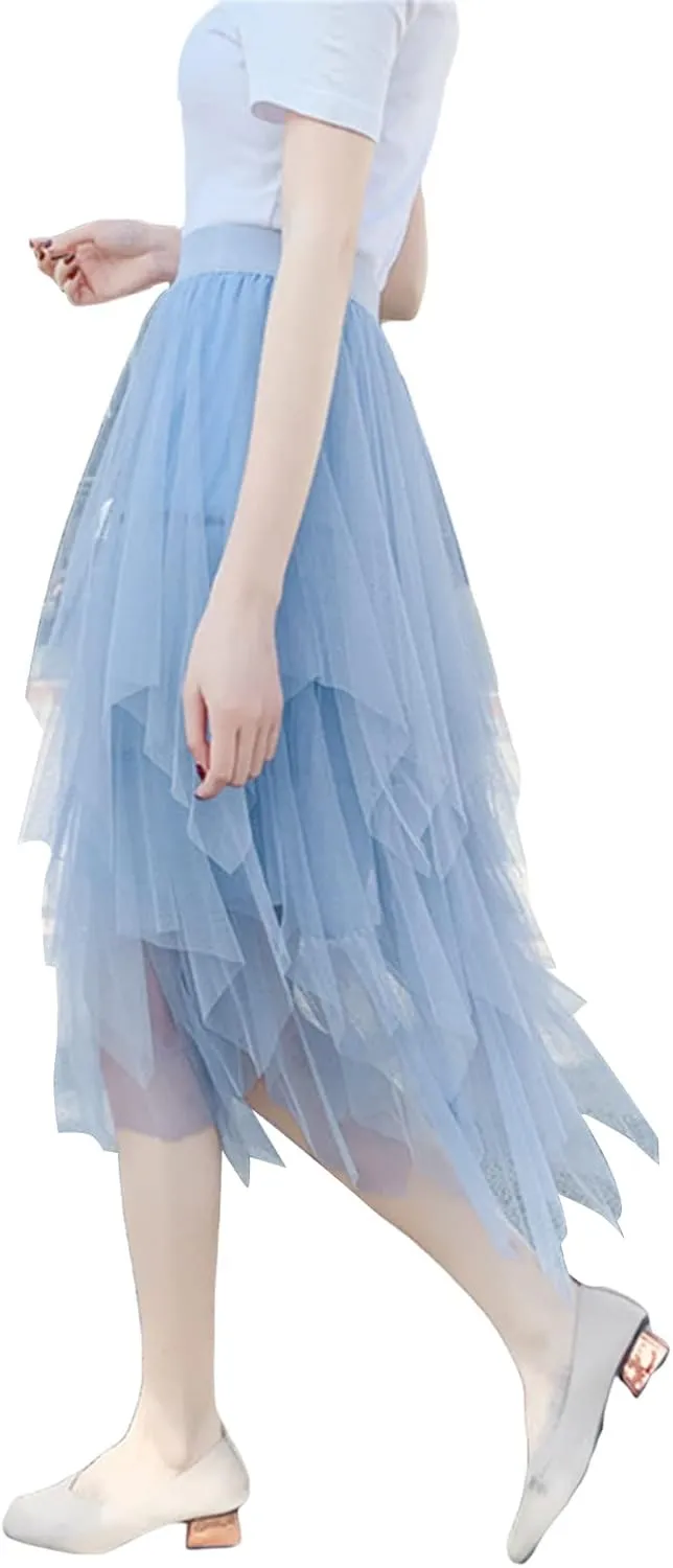 Women's Sheer Tutu Tulle Skirts Mesh Tiered Layered Poofy Fairy Half-Dress Prom Party Midi Skirt Petticoat