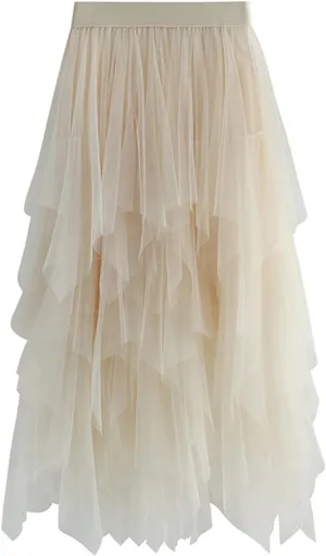 Women's Sheer Tutu Tulle Skirts Mesh Tiered Layered Poofy Fairy Half-Dress Prom Party Midi Skirt Petticoat