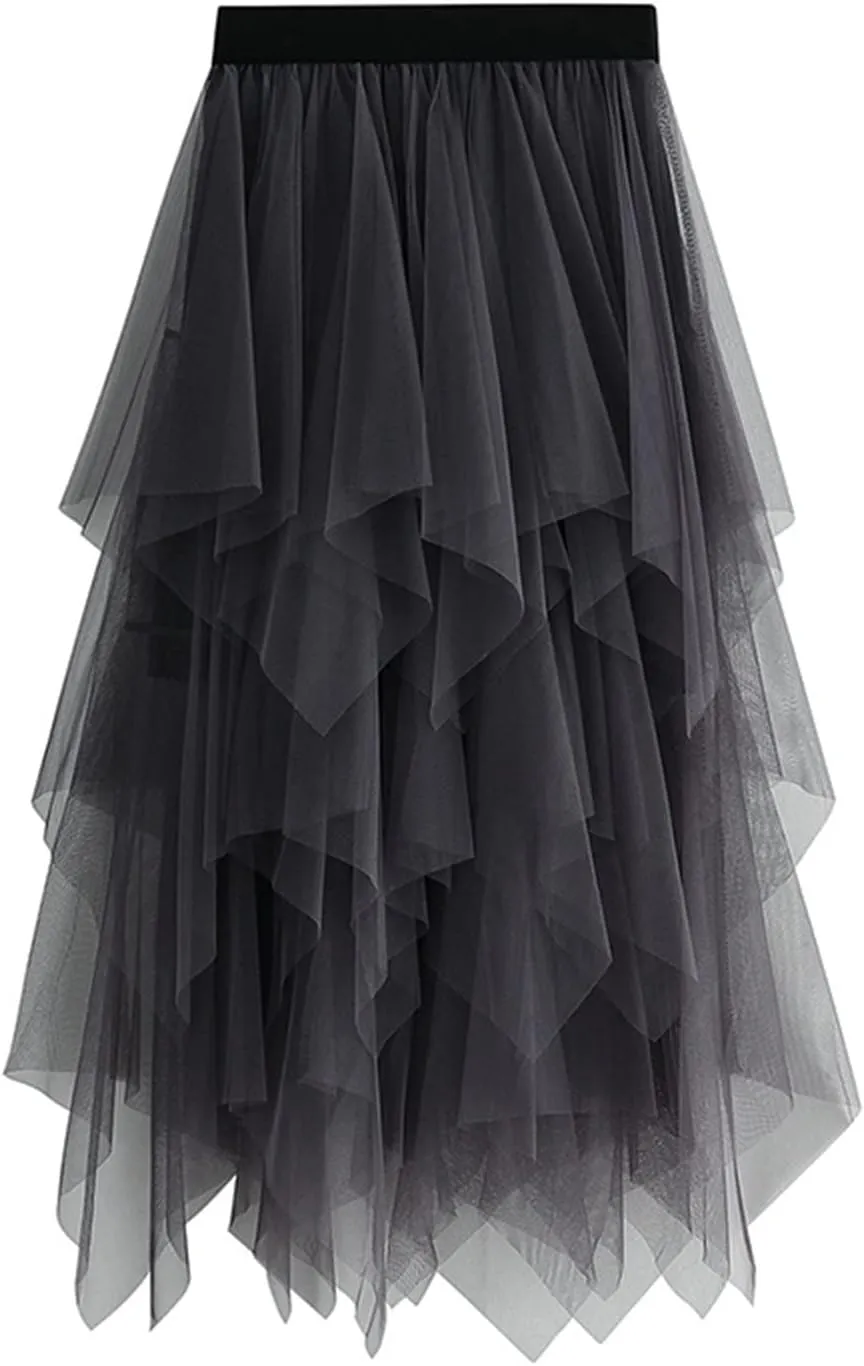 Women's Sheer Tutu Tulle Skirts Mesh Tiered Layered Poofy Fairy Half-Dress Prom Party Midi Skirt Petticoat
