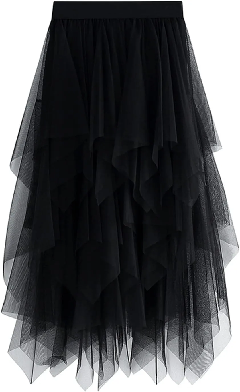 Women's Sheer Tutu Tulle Skirts Mesh Tiered Layered Poofy Fairy Half-Dress Prom Party Midi Skirt Petticoat