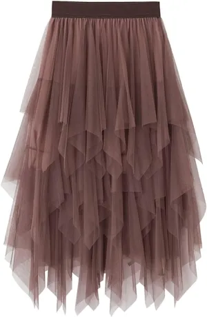 Women's Sheer Tutu Tulle Skirts Mesh Tiered Layered Poofy Fairy Half-Dress Prom Party Midi Skirt Petticoat