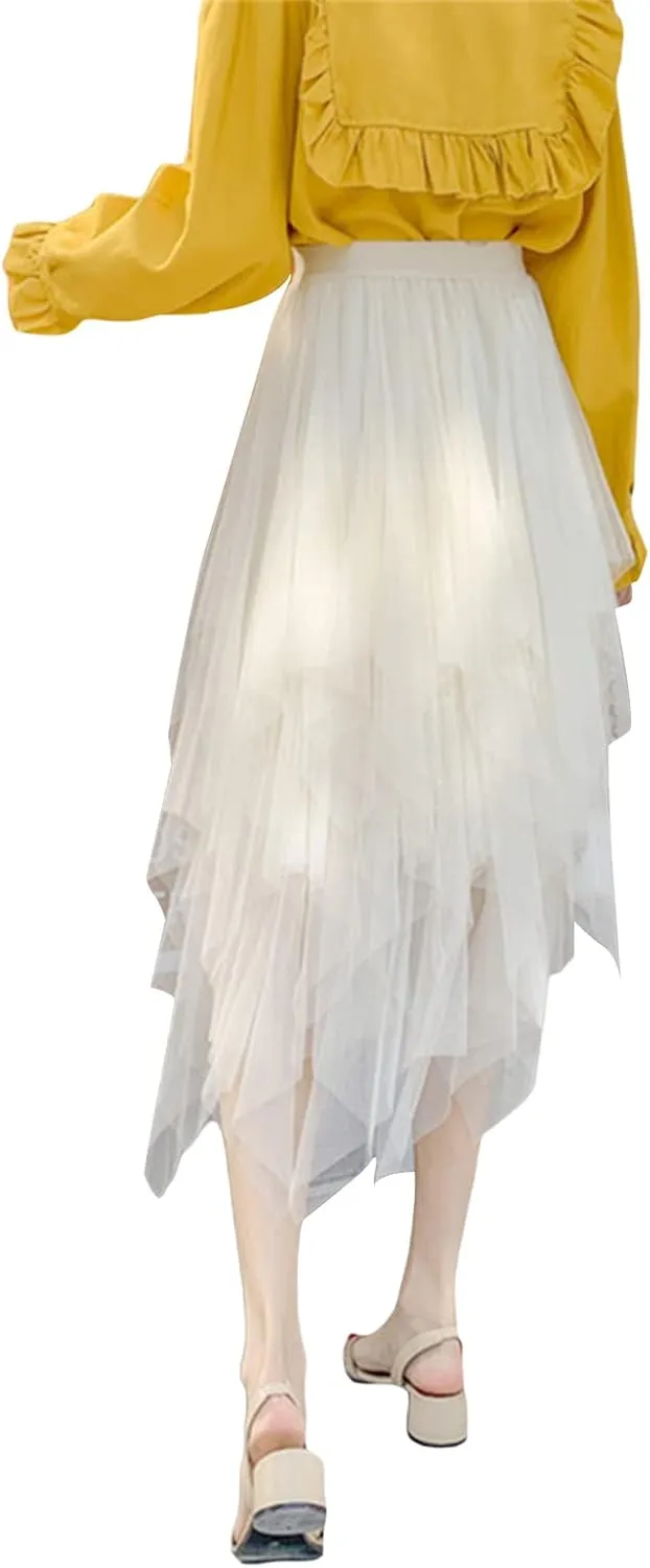 Women's Sheer Tutu Tulle Skirts Mesh Tiered Layered Poofy Fairy Half-Dress Prom Party Midi Skirt Petticoat