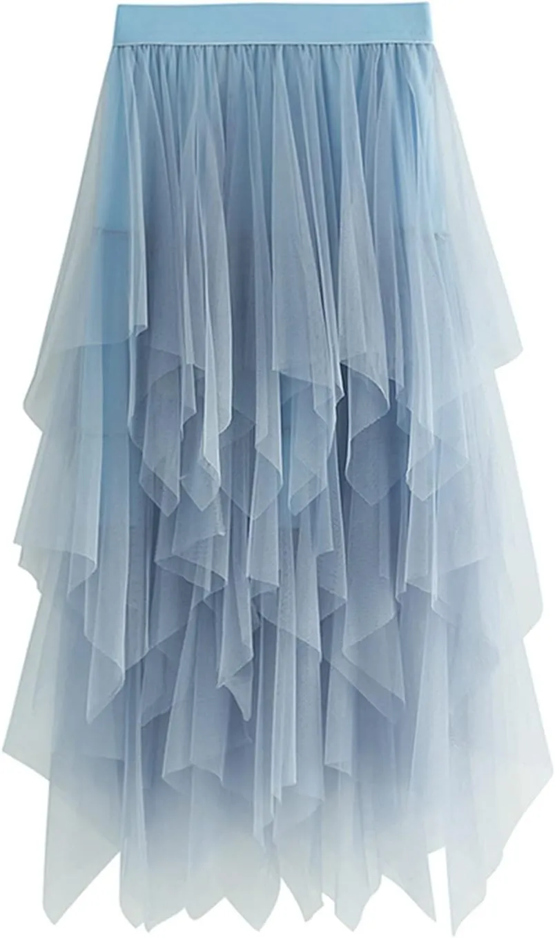 Women's Sheer Tutu Tulle Skirts Mesh Tiered Layered Poofy Fairy Half-Dress Prom Party Midi Skirt Petticoat