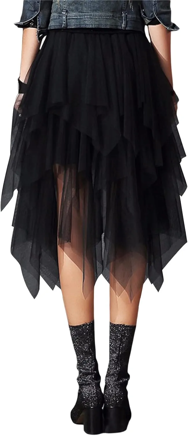 Women's Sheer Tutu Tulle Skirts Mesh Tiered Layered Poofy Fairy Half-Dress Prom Party Midi Skirt Petticoat