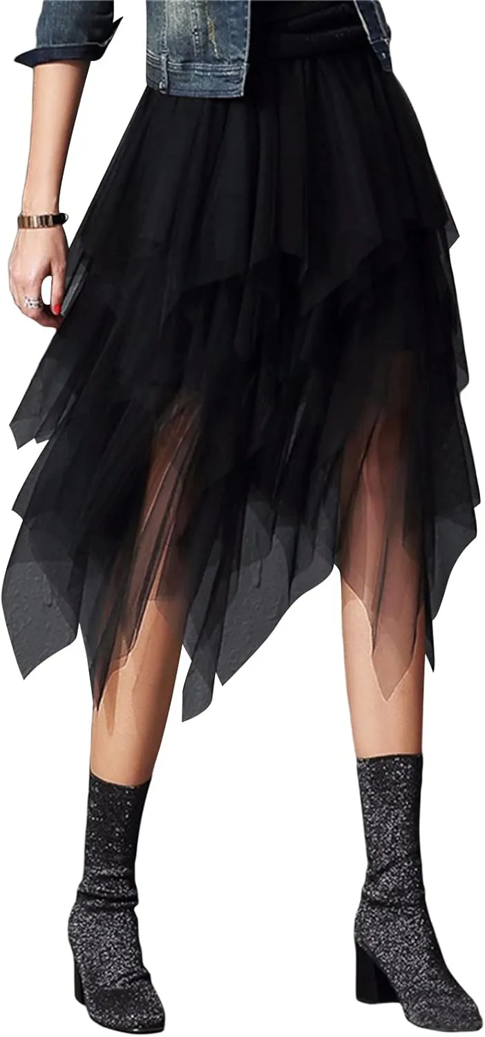 Women's Sheer Tutu Tulle Skirts Mesh Tiered Layered Poofy Fairy Half-Dress Prom Party Midi Skirt Petticoat