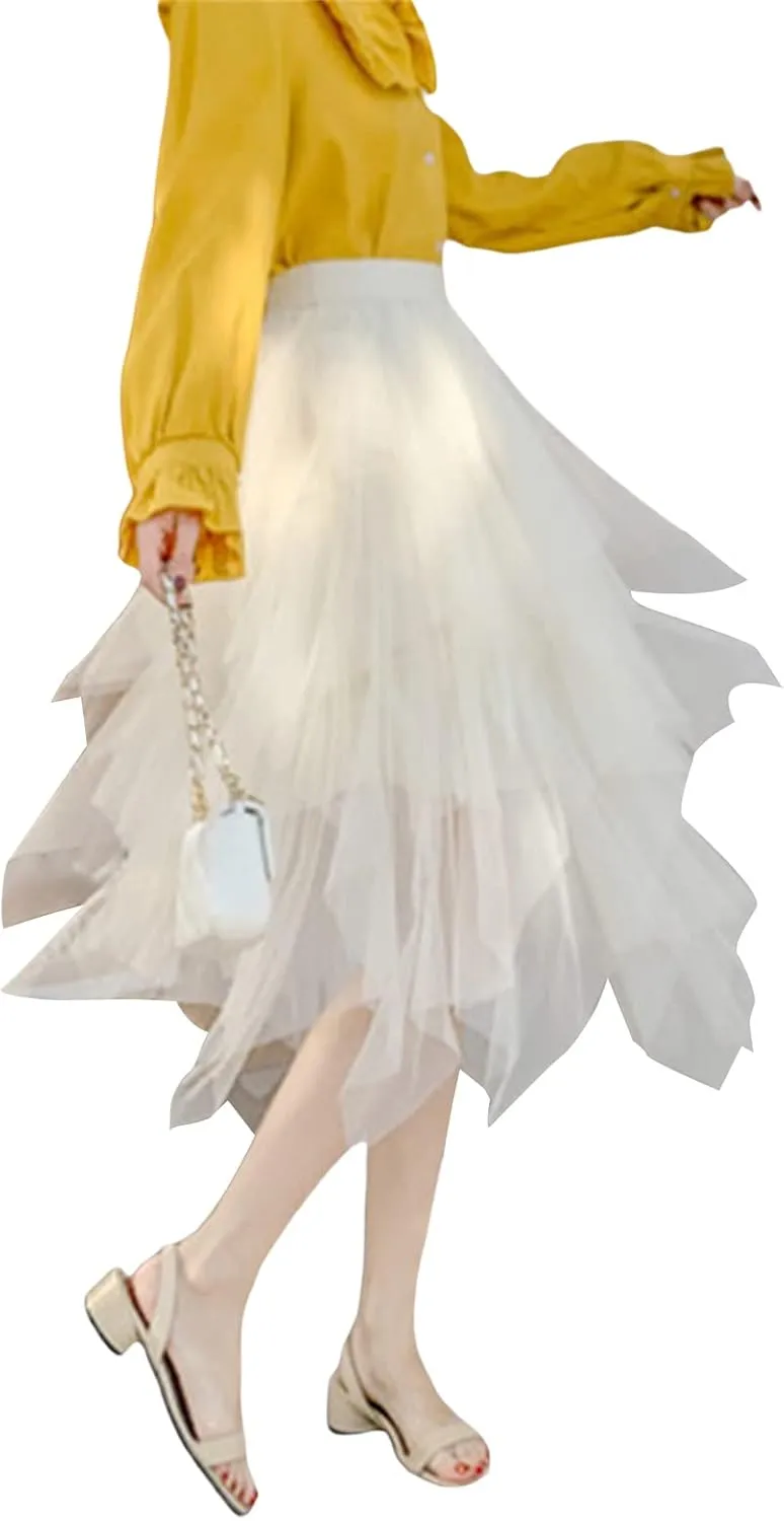 Women's Sheer Tutu Tulle Skirts Mesh Tiered Layered Poofy Fairy Half-Dress Prom Party Midi Skirt Petticoat