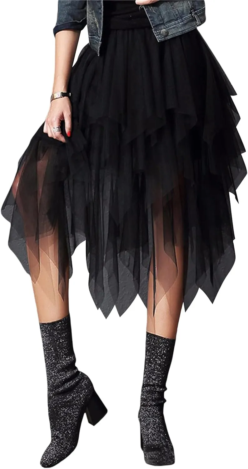 Women's Sheer Tutu Tulle Skirts Mesh Tiered Layered Poofy Fairy Half-Dress Prom Party Midi Skirt Petticoat