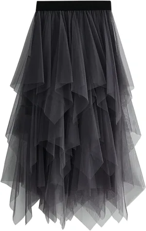 Women's Sheer Tutu Tulle Skirts Mesh Tiered Layered Poofy Fairy Half-Dress Prom Party Midi Skirt Petticoat