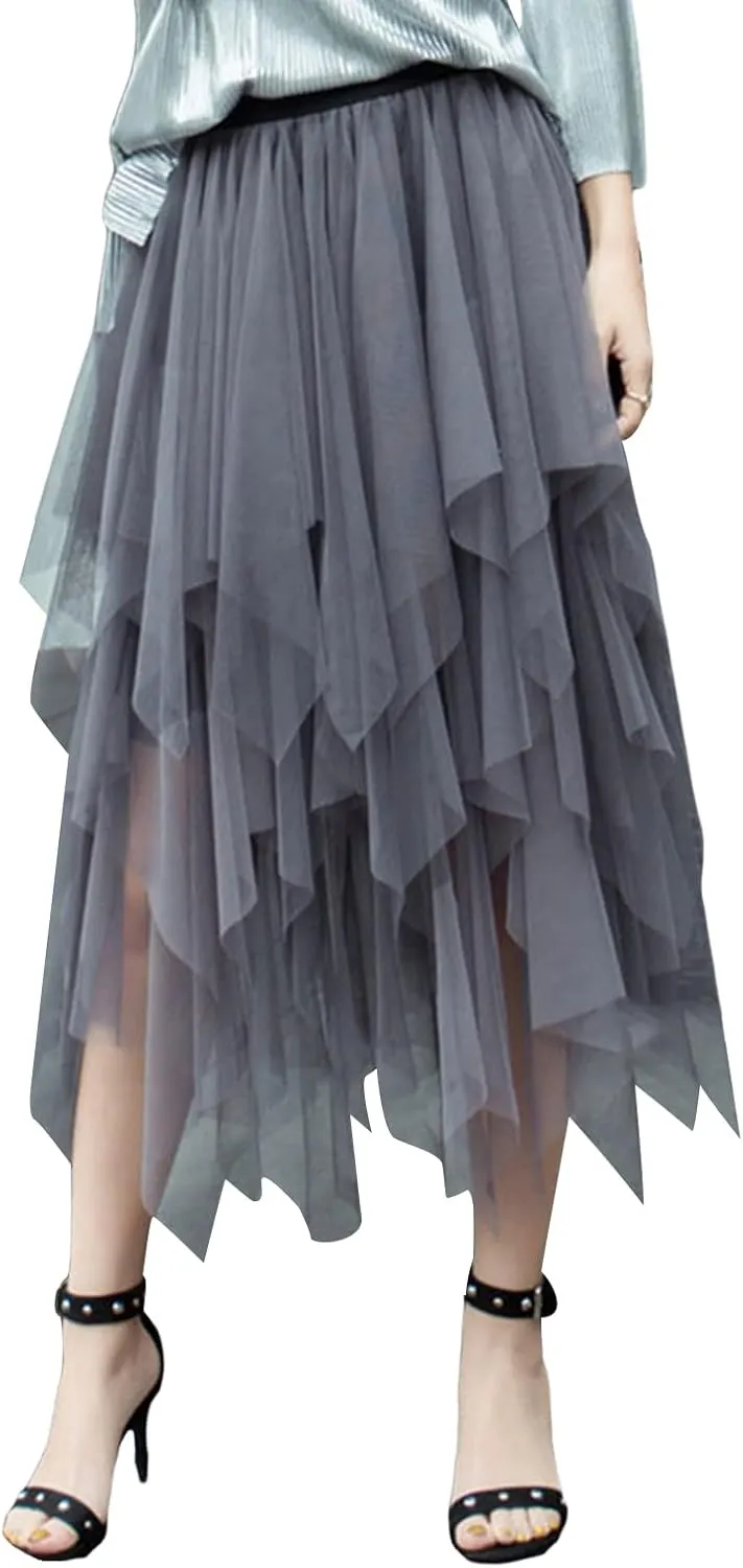 Women's Sheer Tutu Tulle Skirts Mesh Tiered Layered Poofy Fairy Half-Dress Prom Party Midi Skirt Petticoat