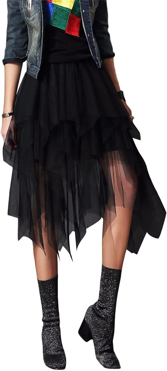 Women's Sheer Tutu Tulle Skirts Mesh Tiered Layered Poofy Fairy Half-Dress Prom Party Midi Skirt Petticoat