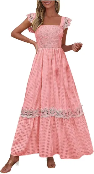 Women's Smocked Summer Plaid Maxi Dresses 2025 Lace Patchwork Ruffle Cap Sleeve Square Neck Flowy A-Line Beach Sundress