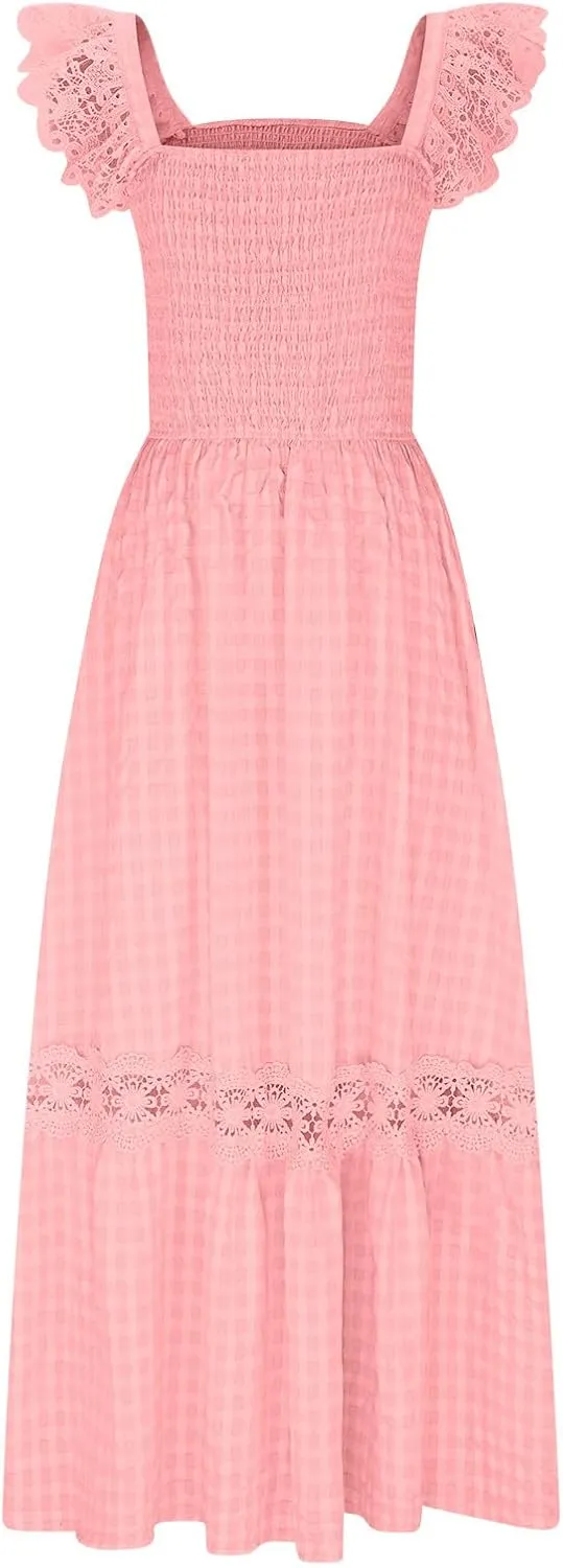 Women's Smocked Summer Plaid Maxi Dresses 2025 Lace Patchwork Ruffle Cap Sleeve Square Neck Flowy A-Line Beach Sundress