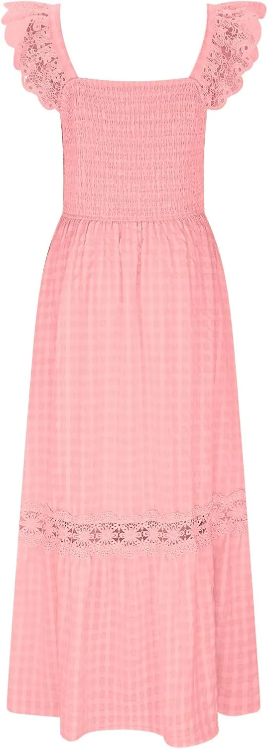 Women's Smocked Summer Plaid Maxi Dresses 2025 Lace Patchwork Ruffle Cap Sleeve Square Neck Flowy A-Line Beach Sundress
