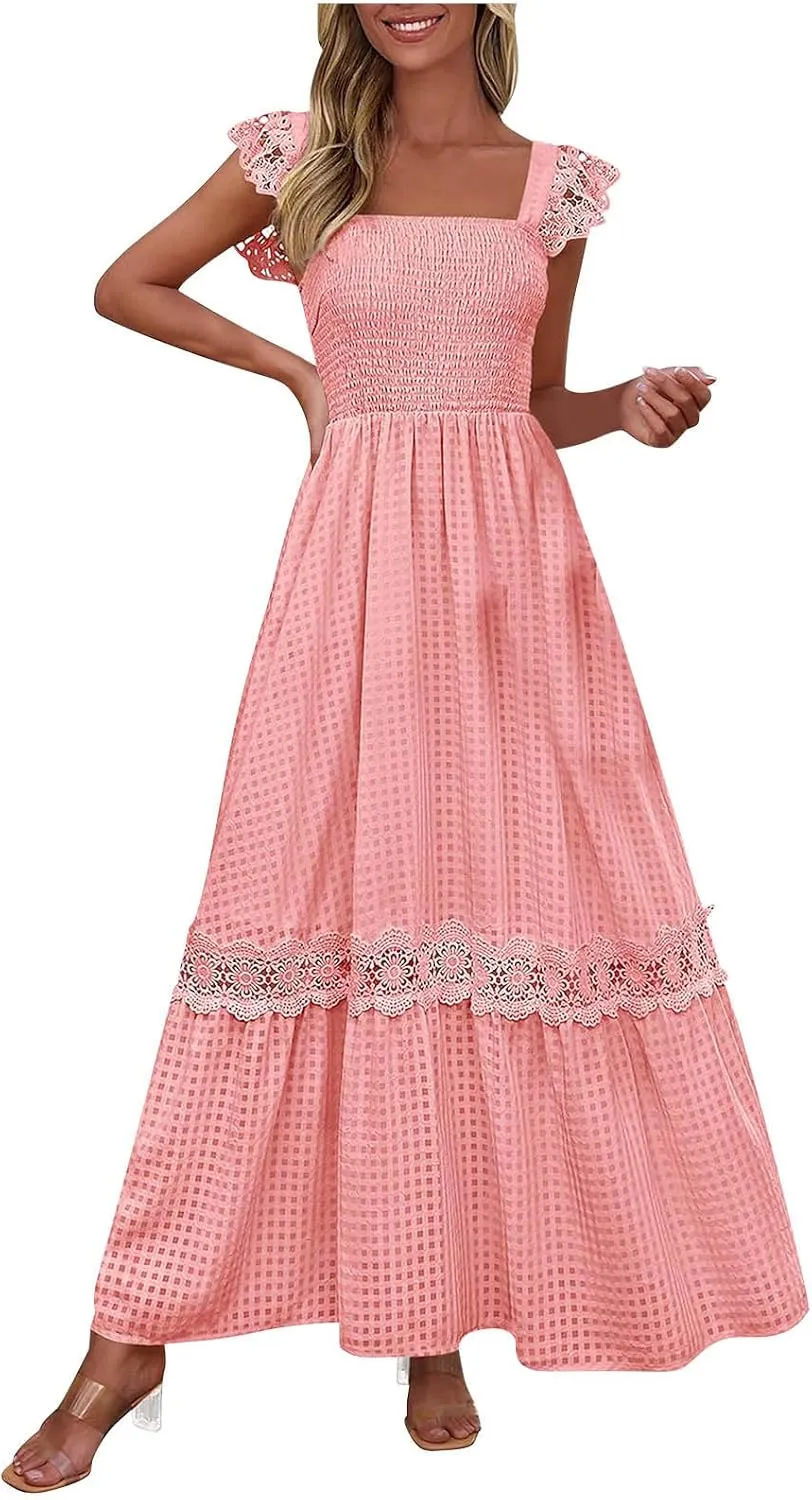 Women's Smocked Summer Plaid Maxi Dresses 2025 Lace Patchwork Ruffle Cap Sleeve Square Neck Flowy A-Line Beach Sundress