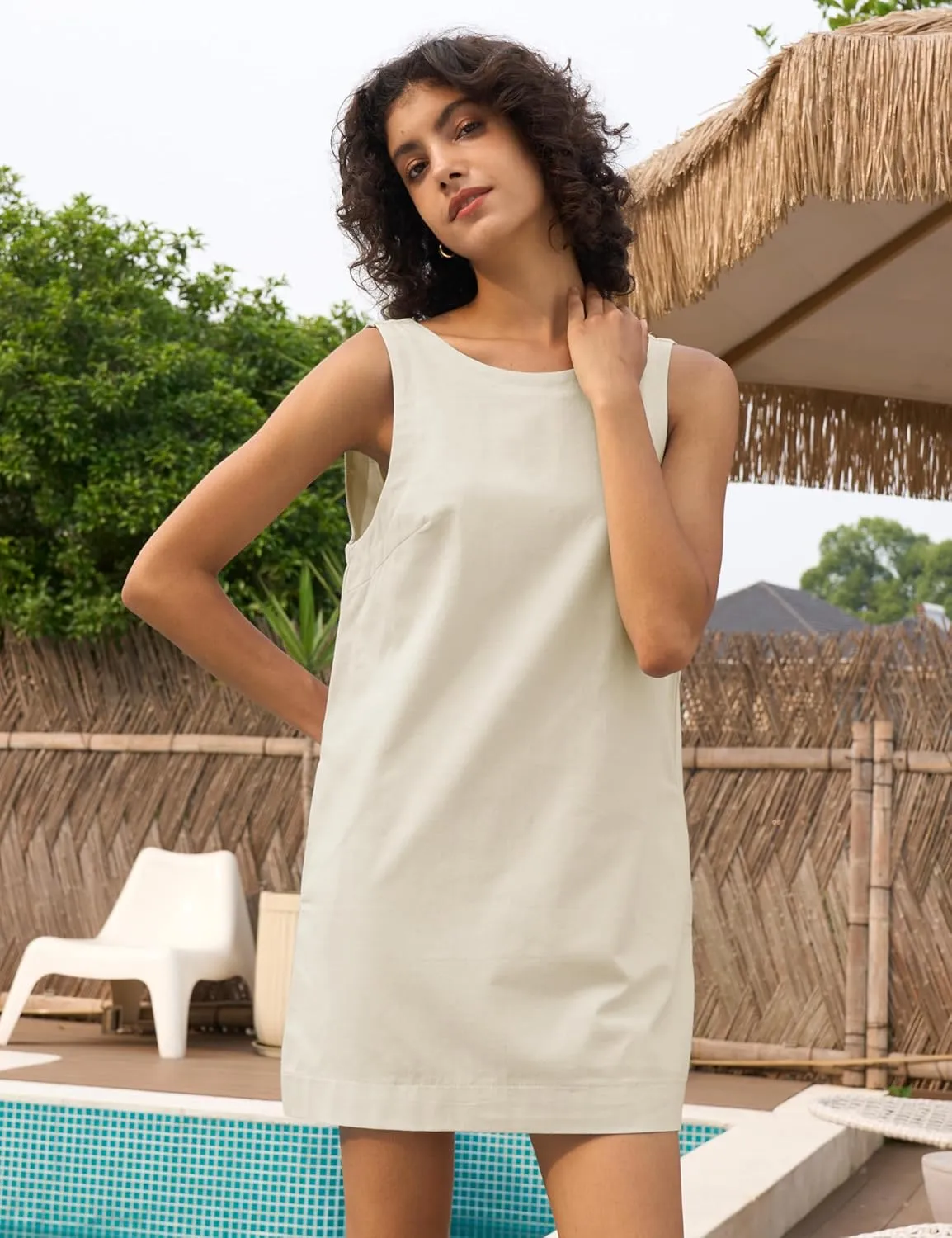 Womens Summer Crew Neck Sleeveless Open Back Dress Casual Beach Sunshine Cotton Linen Mini Dress