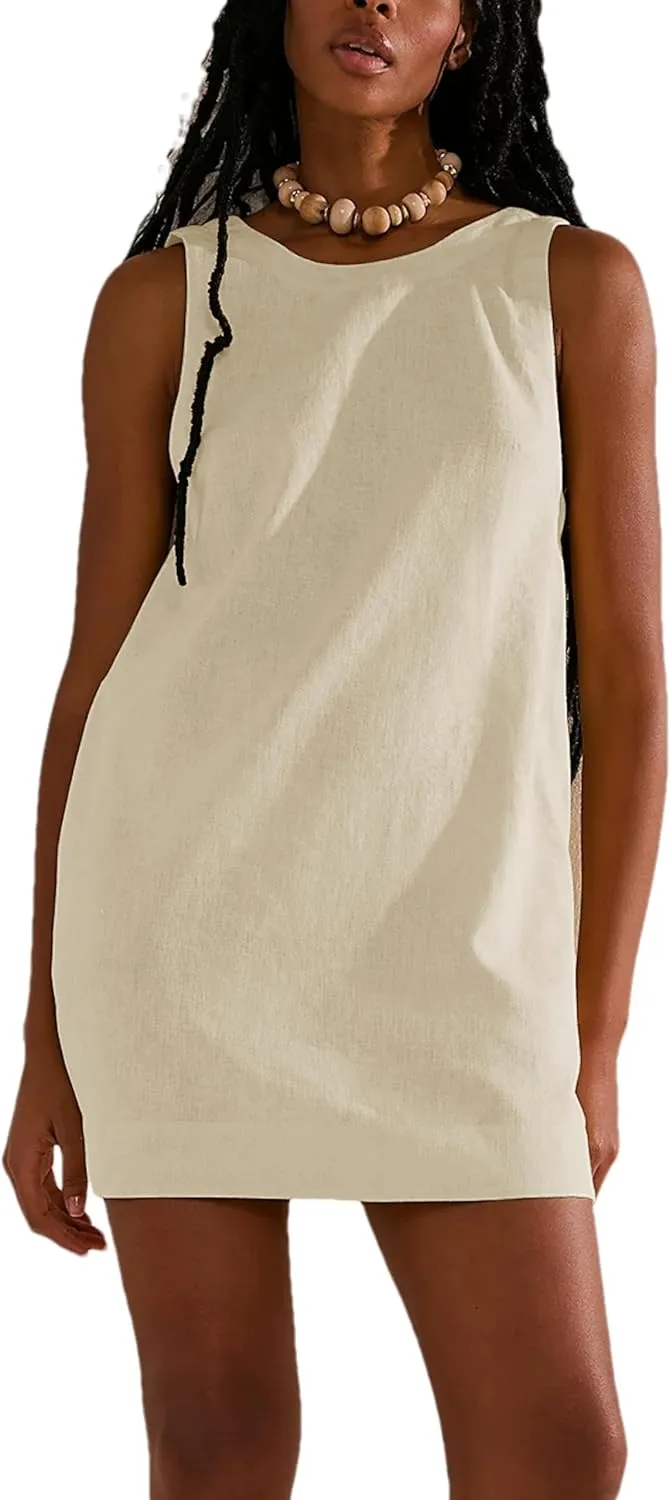 Womens Summer Crew Neck Sleeveless Open Back Dress Casual Beach Sunshine Cotton Linen Mini Dress